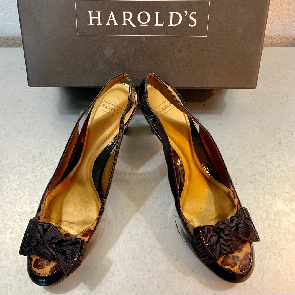 Harold’s Patent Leather Leopard Bow Sling Back